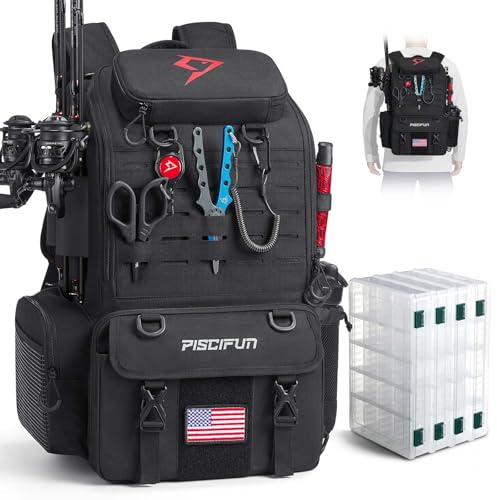 Piscifun 52L Fishing Tackle Backpack with Rod Holders & 4 Tackle Boxes, Water-Resistant Large Tackle Bag for Fishing Gear Storage with Rain Cover, Black
