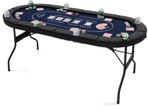 GOPLUS Pokertisch für 8 Spieler, 182 cm Langer, klappbarer Kartenspieltisch mit 8 Getränkehaltern aus Metall, rutschfesten Fußpolstern & gepolstertem Geländer, für Blackjack, Texas (Blau)