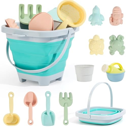 NIWWIN 11-teiliges faltbares Strandspielzeug-Set für Kinder – zusammenklappbarer Eimer, Sandformen, Schaufeln und Netztasche, Sommer-Küstenspielset für europäischen Strandspaß