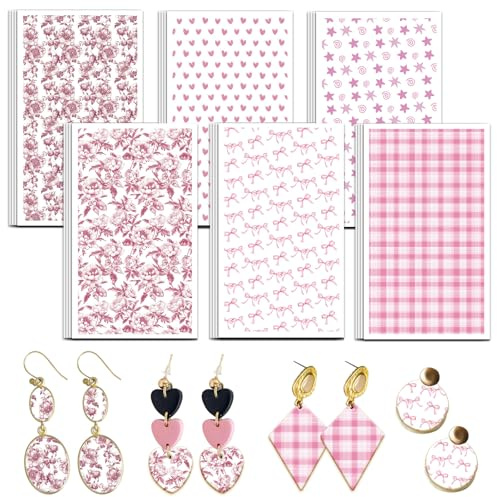 OLYCRAFT Carta da Trasferimento in Argilla con Fiori A Quadri Rosa 6 Disegno 24pz per Fogli di Trasferimento in Argilla Polimerica con Fiocchi Cuori per Orecchini in Argille e Creazione di Gioielli