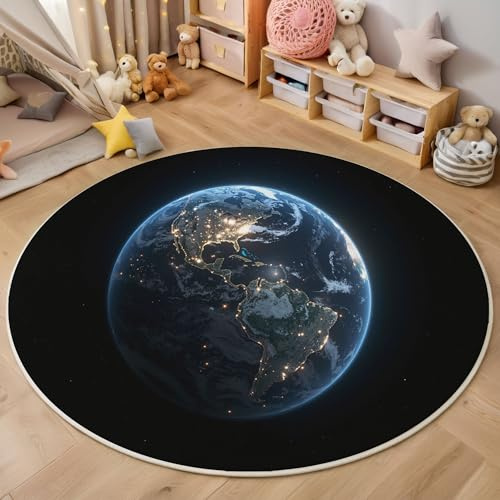 ZISTRCBAO Weltraum Erde Runder Teppich Für Kinderzimmer, Kosmisches Thema Kinderteppich Fürs Babyzimmer Kleinkinderzimmer Wohnzimmer 80cm
