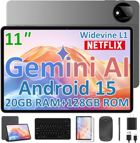 ECOPAD 11 Inch Android 15 Tablet with Keyboard, 20GB RAM 128GB ROM (2TB TF Expand), Octa-Core Processor, WiFi 6, 8000mAh Battery, GMS Certified 2-in-1 Tablets with Mouse, Case, Stylus Included, Black
