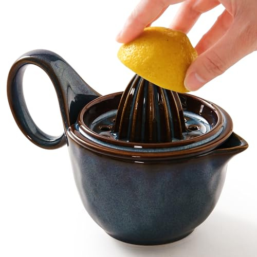 Ceramic Citrus Lemon Orange Juicer Manual Squeezer, Hand Juicer Reamer Rotation Press with 8.12oz cup, Strainer Lid, Spout, Handle, Dishwasher Safe, Easy to Clean（Blue)