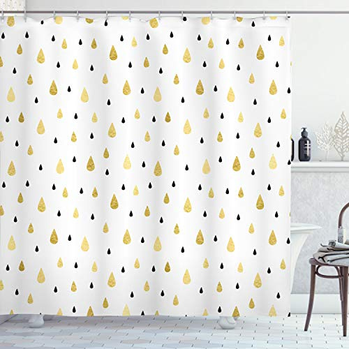 ABAKUHAUS Herbst Duschvorhang, Regentropfen Glimmer, Stoffliches Gewebe Badezimmerdekorationsset mit Haken, 175 x 180 cm, Mustard Schwarz Weiß