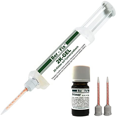Ber-Fix 2K Gel Standard – spaltfüllender Sekundenkleber für PE/PP, Metall, Keramik & Kunststoff – schlagfest, ausblühfrei – 3 Mischdüsen + Primer 5 ml