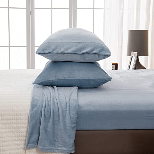 Great Bay Home 4-Piece Velvet Plush Micro Fleece Full Size Sheet Set - Deluxe Microplush Non-Pilling Bed Sheets- Lavish Sherpa Winter Bedding Set (Pearl Blue)