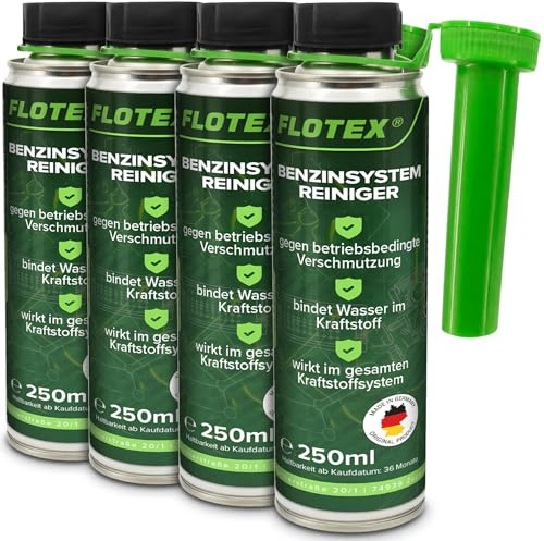 Flotex Benzinystemreiniger Additiv entfernt zuverlässig Ablagerungen [4x250ml] | Motorreiniger Benzin fungiert als Einspritzdüsen Reiniger | Motor System Reiniger reinigt effektiv Injektor