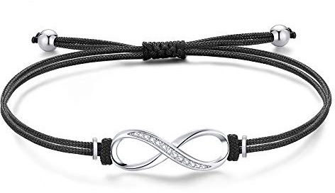 Jrêveinfini Pulsera de infinito para mujeres y niñas, plata de ley 925 con caja de regalo, pulsera de cuerda hecha a mano, ajustable, 14 + 9 cm, 24 cm, Plata de ley, Piedra solar de cobre