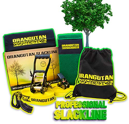 Orangutan Slackline Sport & Fitness Kit con protezioni per alberi e linea di allenamento, 15 m - 50 mm, corda per sport fitness – Gioco da giardino