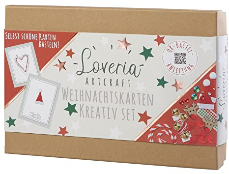 Loveria Weihnachtskarten zum Basteln | 16 Postkarten, 16 rote Umschläge | inkl Satinschleife, Sticker, Glöckchen, Klebedotties und weiterem Bastelzubehör, Kling Glöckchen