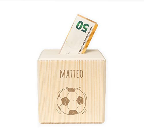 Personalisierte Kinder Spardose mit Namen aus Holz Geschenk Geschenkideen zum Geburtstag zur Einschulung, Taufe, Geburt Gravur MotivSparschwein für Jungen und Mädchen hellomini (Fußball)