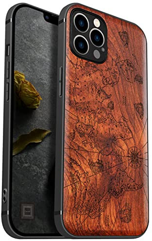 Carveit Coque en Bois pour iPhone 12 Pro Max Compatible MagSafe et Chargement sans Fil Étui de téléphone Antichoc de 12 Pro Max Etui magnétique TPU Bumper (Rosé-Carte du Monde)