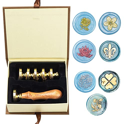 ANBOSE Wachs-Siegel-Stempel-Set mit 7 PCS abnehmbare Messingköpfe und 1 Holzgriff, Sonnenblume drei Blumen Lotus Siegel Wachsstempel für Karten Einladungen, M