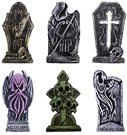 6 Pack Halloween Graveyard Tombstones, 15.7 x 8.7 Yard Signs & Stakes for Scary Theme Parties