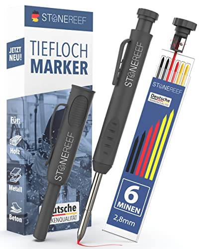 Tieflochmarker Profi mit Köcher – Bleistift für Baustelle, Bohrloch, Handwerker, Zimmermann – Markierstift für tiefe Stellen – Ersatzminen-kompatibel – Baubleistift für Holz, Metall, Fliesen