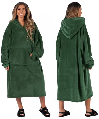 Sienna Unisex Fleecedecke, Erwachsene, Waldgrün Extra Lange übergroße Decke mit Kapuze, Taschen, Ärmeln, weiches Sherpa-Fleece, tragbarer Überwurf, Riesensweatshirt, Einheitsgröße Größen
