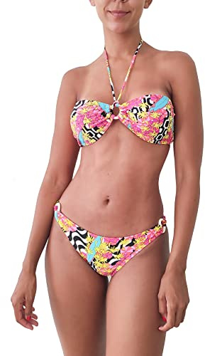 NORDESTINA - Laura | Bikini Brasileño Mujer | Traje de Baño, Top Bandeau Ajustable sin Relleno, Braguita con Abalorio | Ropa de Baño Sexy, Cómoda y con Forro. XL, Multicolor