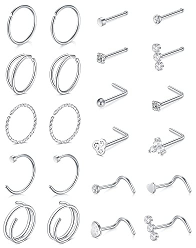 QWALIT Nose Rings Hoops 20g Silver Surgical Steel Nose Ring Hoop Nose Ring Studs