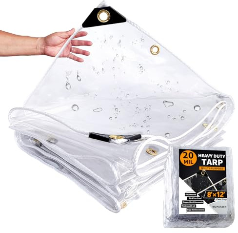 8×12ft, Clear Tarp with Grommets, 20 Mil, Vinyl Tarpaulin Heavy Duty Waterproof, Reinforced Edges, Outdoor Greenhouse Tarps, Rainproof, for Garden, Cars, Patio
