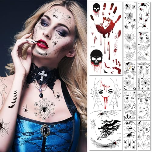 Ctxtqtdt 12 Blatt Spinnen Tattoo Halloween, Gesichtstattoo Halloween, Spinnen Fledermaus Tattoo Gesicht, Temporäre Tattoos Halloween für Frauen Männer Halloween Make-up Requisite (Spinne)