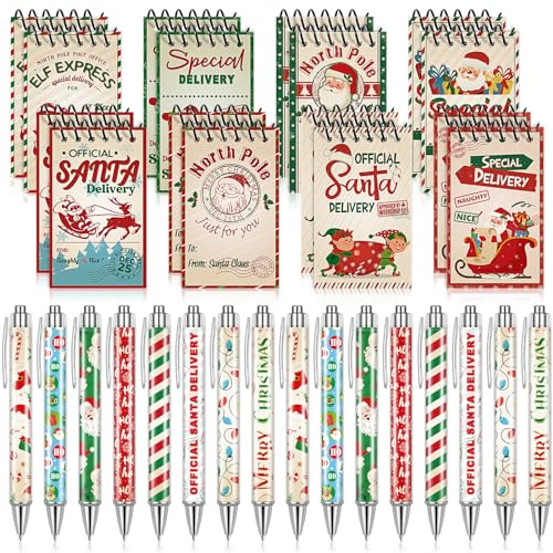 Zhanmai 32 Pcs Christmas Mini Notepads with Pens Set North Pole Spiral Notepads Official Santa Delivery Pens Xmas Memo Notebooks Ballpoint Pen for Kids Xmas Holiday Party(Classic Color)