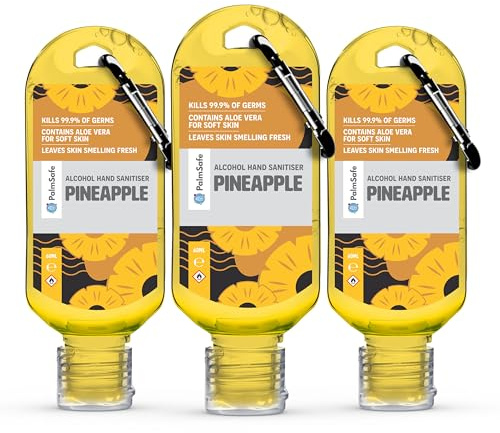 Palm Safe Pineapple 3 Pack 60ml Anti Bacterial Premium Hand Sanitiser Travel Size Refillable Clip Bottle Quick Drying Non Sticky Extra Moisturising Kills 99.9% of Viruses and Bacteria