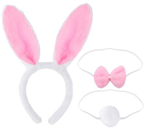 HNJUSR Diadema de Conejito, 3 PCS con Orejas de Conejo Orejas de Conejo de Pascua Color Blanco Rosa Conjunto de Colas Disfraz de Fiesta de Cosplay Accesorios de Peinado Para Niños Niñas Mujeres