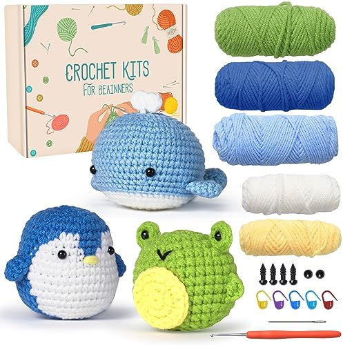 MJARTORIA Häkelset für Anfänger Tiere, Häckeln Stricken für Anfänger Set mit Anleitung Häkelnadeln Garn, Kreativ Strickset Bastelset Erwachsene Kinder Geschenk(blau blau grün)
