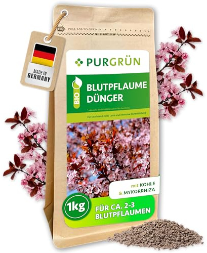 Purgrün® Bio-Blutpflaume-Dünger 1 kg – Organisch-mineralische Rezeptur – Feines Krümelgranulat – NPK 6+4+5 – Magnesium für prächtige Blüten – Verbessert die Bodenqualität mit Kohle & Mykorrhiza