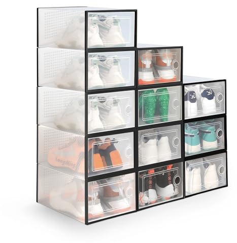 KEPLIN Stackable Shoe Storage Boxes - Premium Quality, Durable & Space-Saving Organiser Set for Closet, Wardrobe & Home - Pack of 12 in Black (33x23x14.5cm) (Black, 12 Pack)