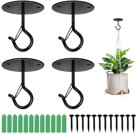Ticway 4 Pcs Ceiling Hooks for Hanging Plants with Safety Catch, Wall Mounted Planters Hooks for Outdoor Plants, Hanging Basket, Bird Feeders, Wind Chimes, String Lights, Lanterns (Black)