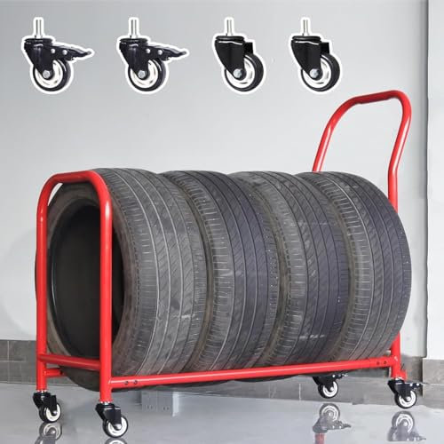 Hochleistungs-Reifenregal, rotes Mehrreifenregal für die Garagenlagerung, 43,3 x 17,3 x 41,7 Zoll, rollender Reifenträger zur Lagerung von Rädern und Felgen