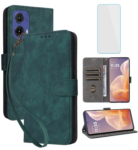 IUQXU RFID Wallet Phone Case for Motorola Moto S50 Neo 5G/Moto G85 5G Green | with Screen Protector,Leather Flip Cover,Card Slot,Kickstand,Women Men Mobile Phone Case for Motorola S50Neo Moto G 85 5G
