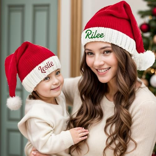 AIFLM Personalisierte Weihnachtsmützen - Personalisierte rote Weihnachtsmütze mit gesticktem Namen - Weihnachtsgeschenke für Kinder und Erwachsene