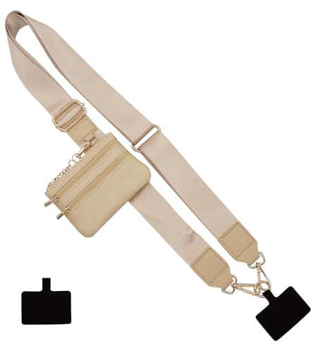 Long Keeper Phone Strap Crossbody with Zipper Wallet Adjustable Universal Cellphone Lanyards Anti Theft Phone Neck Lanyard Wide Replacement Purse Strap (Khaki)