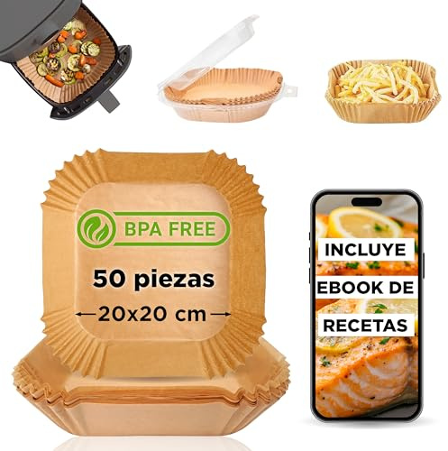 CookChic Papel para Freidora de Aire Premium Cuadrado 20 cm 50 Piezas Compatible con Freidora Cecotec y Cosori 4-7L
