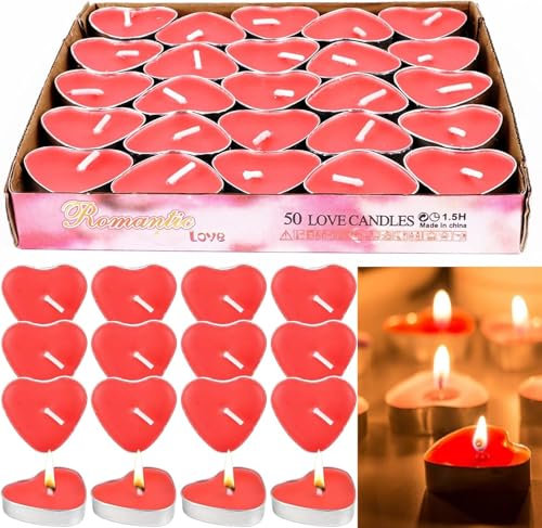 Flycppo Teelicht Set 50 Herzform Romantische Kerzen,Romantische Liebe Unparfümierte Teelichter Kerzen,Herz Romantische Teelichter für Geburtstag,Vorschlag,Hochzeit,Party,Valentinstag (Rot)