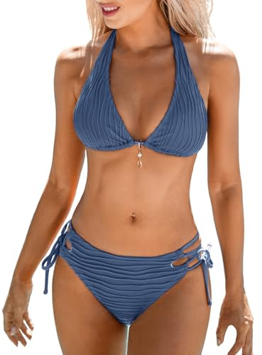CUPSHE Women's Bikini Sets Plunging Neck Halter Low Rise Cheeky Bottom Strappy Side Tie Two Piece Swimsuit Swimwear Steel Blue S