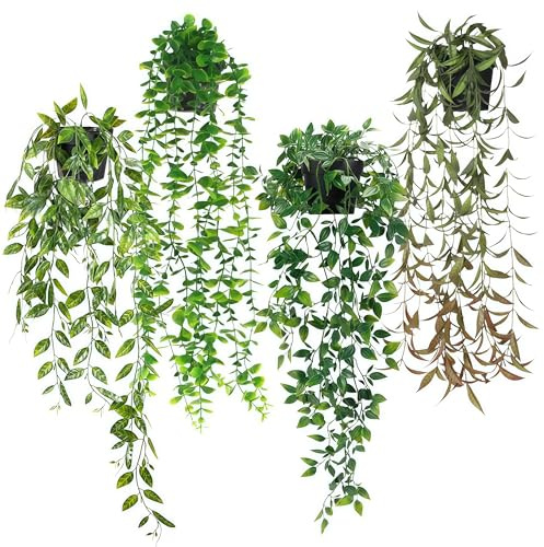 Siocok 4 Packs Fake Hanging Plants with Pots, Artificial Hanging Plants, Greenery Fake Decor, Wall Decor, for Office Living Room Bathroom Indoor Outdoor Decor