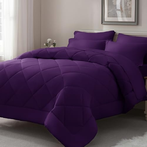 ELNIDO QUEEN® Purple Comforter Set Queen - 7 Pieces Bed in a Bag Queen Size, Bed Set for All Seasons, Ultra Soft Bedding Sets with Comforter, Flat Sheet, Fitted Sheet, Pillowcases and Pillow Shams