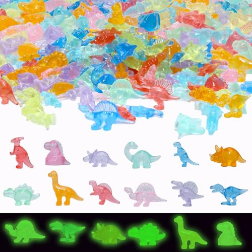 DMSESRLS Lot de 200 mini figurines de dinosaures lumineux en résine - 12 types de figurines dinosaures colorées - Pour décoration d'aquarium, jardins paysagers, cadeaux de fête pour enfants
