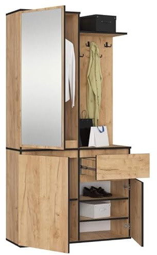 BDW ENTRO Flurgarderobe-Set mit Spiegelschrank, 95 x 183 x 35 cm, Schuhablage, Kleiderhaken, Saal, (Eiche Craft)
