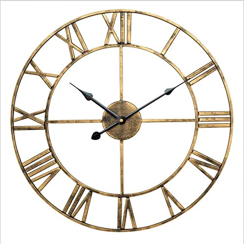 HUIBBGO Orologio da Parete con Grandi Numeri Romani, Gigante, in Metallo, da Esterno, da Giardino, in Ferro Rosso Rame, 50 cm, Vintage, Dorato, Decorazione da 60 cm