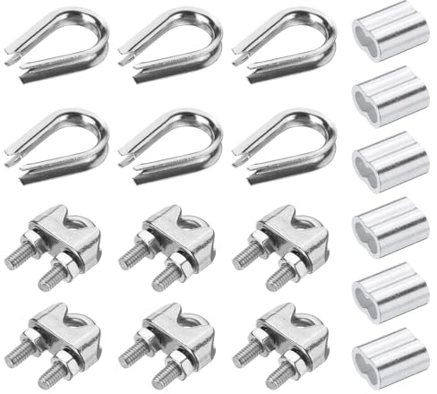 PATIKIL 18 st M4 304 rostfritt stål vajer kit, vajer kabelklämma, rör kaus och krympögla för 5/32 tum vajer kabel kaus och silver