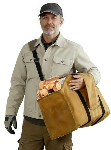 NFAMRZCAR Firewood Carrier Labor-Saving Wood Carrier for Firewood Heavy Duty Wax Canvas Firewood Bag,Extra Large Firewood Carriers with Handles for Wood Stove Accessories Outdoor Camping
