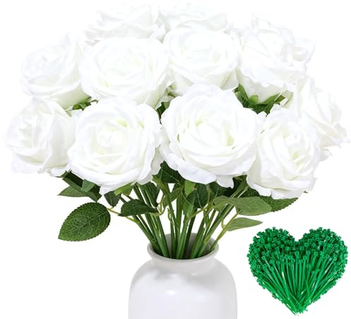 ZenyTra Lot de 10 roses artificielles blanches, 5 bouquets avec tiges de 50 cm de long et 10 ficelles, fleurs en soie très réalistes pour décoration de mariage, bouquet de mariée, salon, jardin
