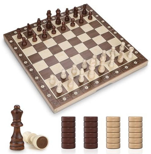 GGIE Chess Set, 15'' Wooden Chess Board with Wooden Staunton Pieces & 2 Extra Queen, 2IN1 Chess and Checkers Board Game, Folding Travel Chess Set for Adults Kids