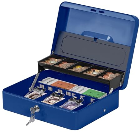 ABQ Double-Layer Metal Cash Box with Key Lock, 11.8 x 9.4 x 3.5 Inch Portable Note & Coin Safe Box, Large Money Box with 2 Keys for Home, Office, Business(Blue)