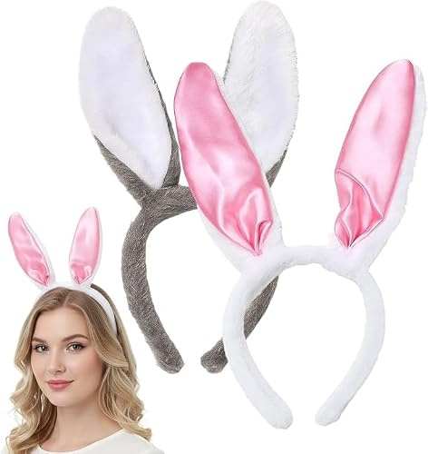 DvBCNMe 2 Stück Hasen Ohren Haarreif, Bunny Ears Kopfschmuck Für Kostüme Und Partys, Weiches Und Bequemes Design, Hellrosa Und Grau