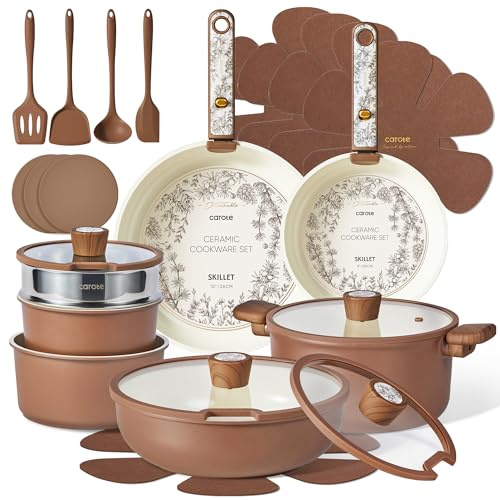 CAROTE 25pcs Ceramic Cookware Sets, Nonstick Pots and Pans Set Non Toxic